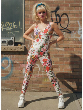Express tricot 80’s 90’s vintage jumpsuit play suit jumper  Floral Cotton Size S